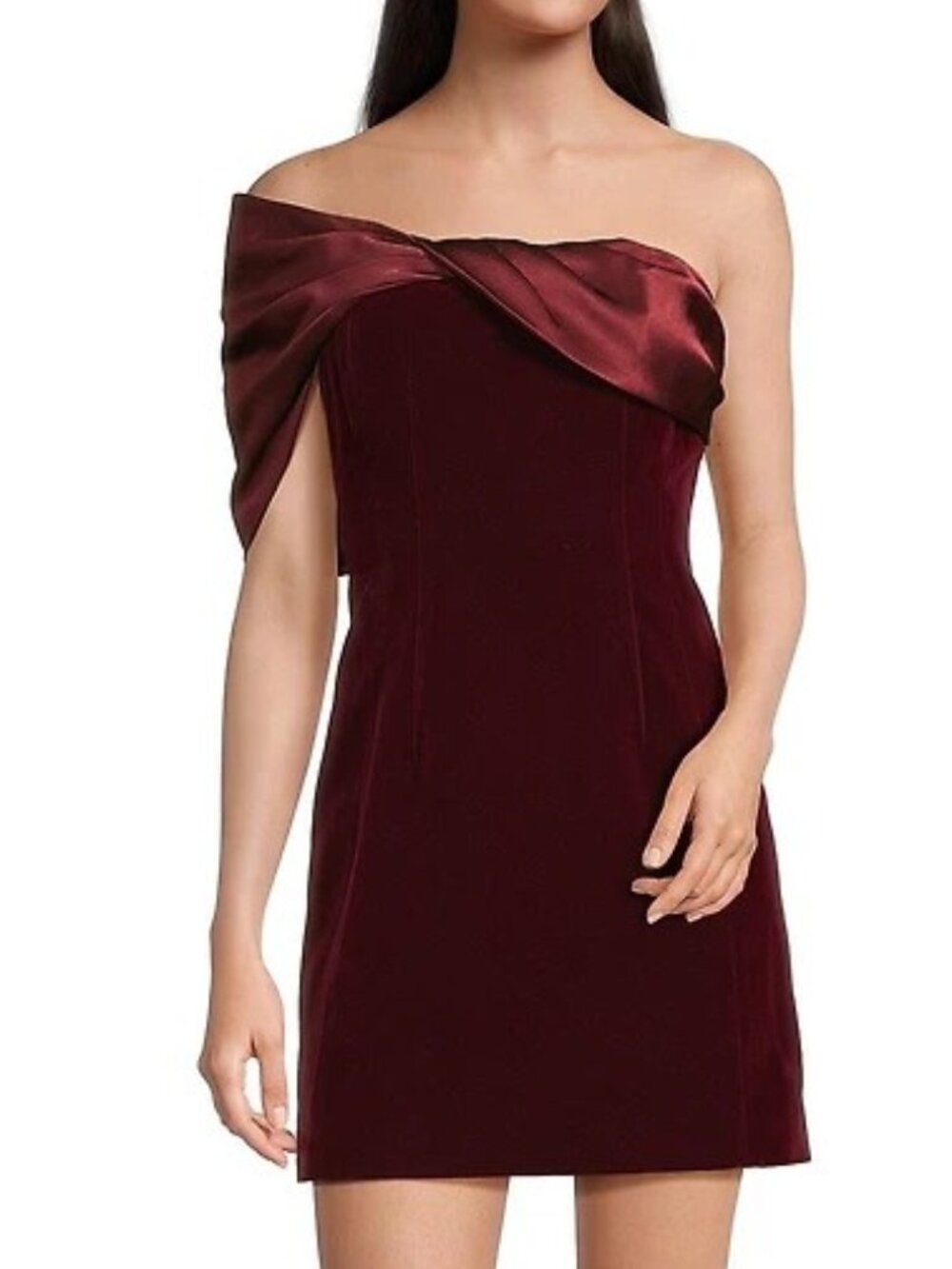 NWT! Marchesa / Muse by Marchesa Cosmos Garnet Velvet One Shoulder Mini Dress